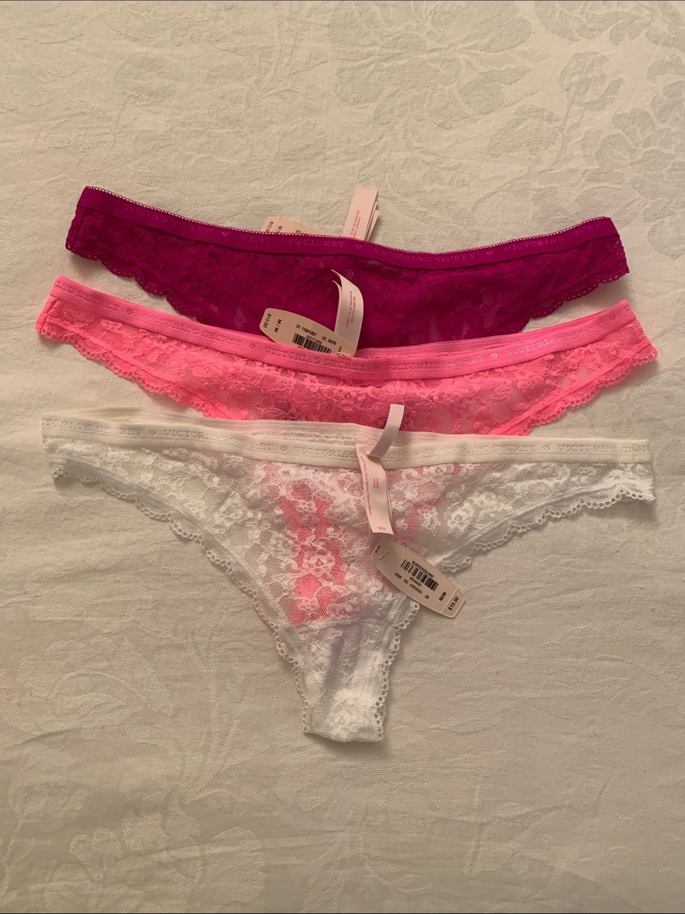 Victoria's Secret Lace Thong Trio - Magenta, Hot Pink, White